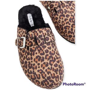 9W Torrid Brown Leopard Lined Slip On Mule Flat Faux Fur Faux Suede Wide Width